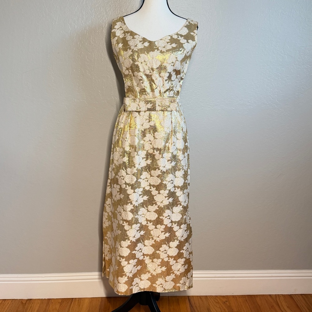 Vintage 60s Old Hollywood Gold Metallic Floral Brocade Maxi Dress XS/S